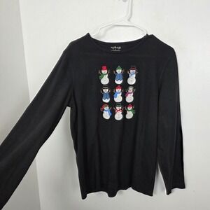 My Style Black Multicolor Snowman Embroidered Winter Christmas Knit Shirt Size L